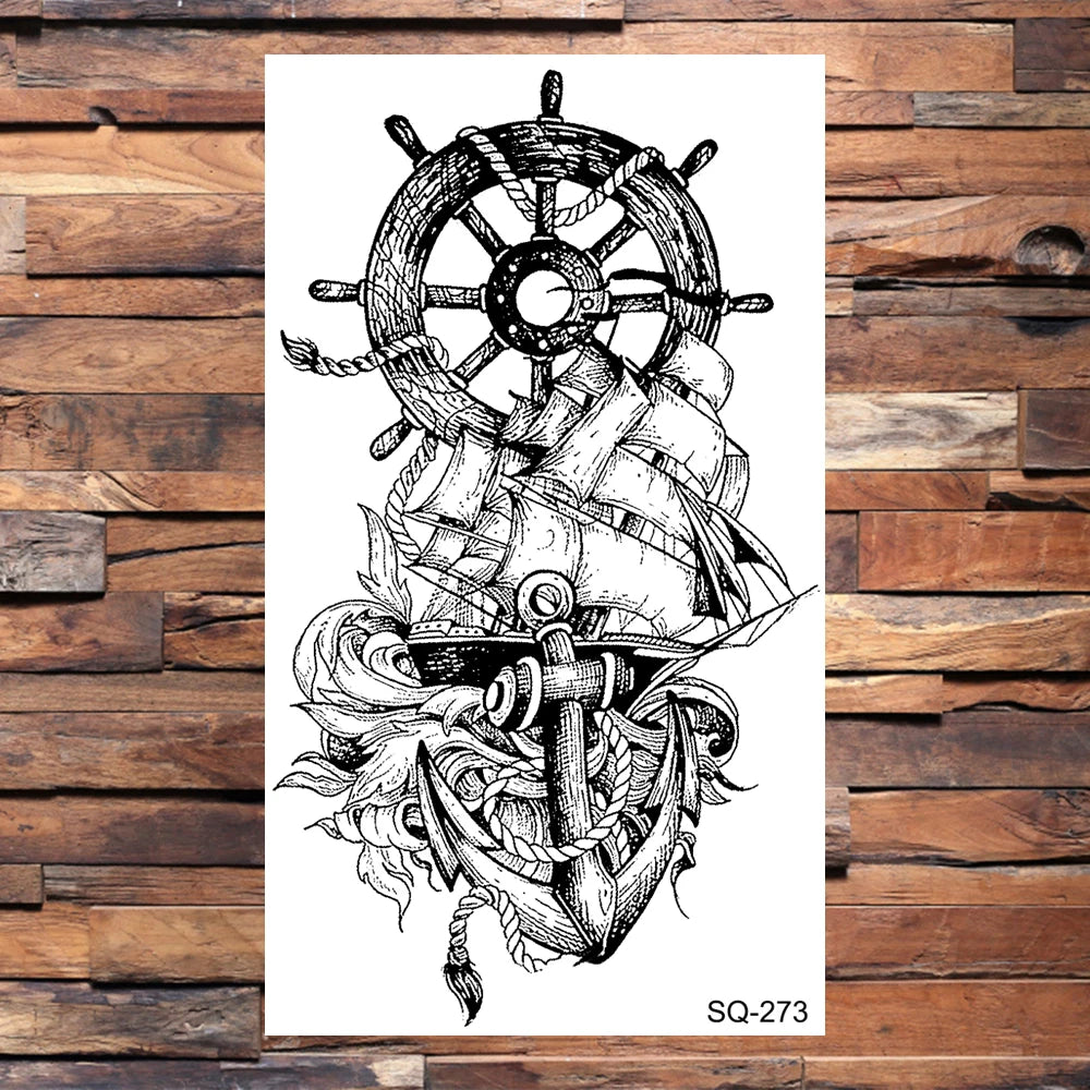Black Compass Anchor Temporary Tattoos For Adults Men Realistic Pirate Ship Endless Flower Fake Tattoo Sticker Back Arm Tatoos