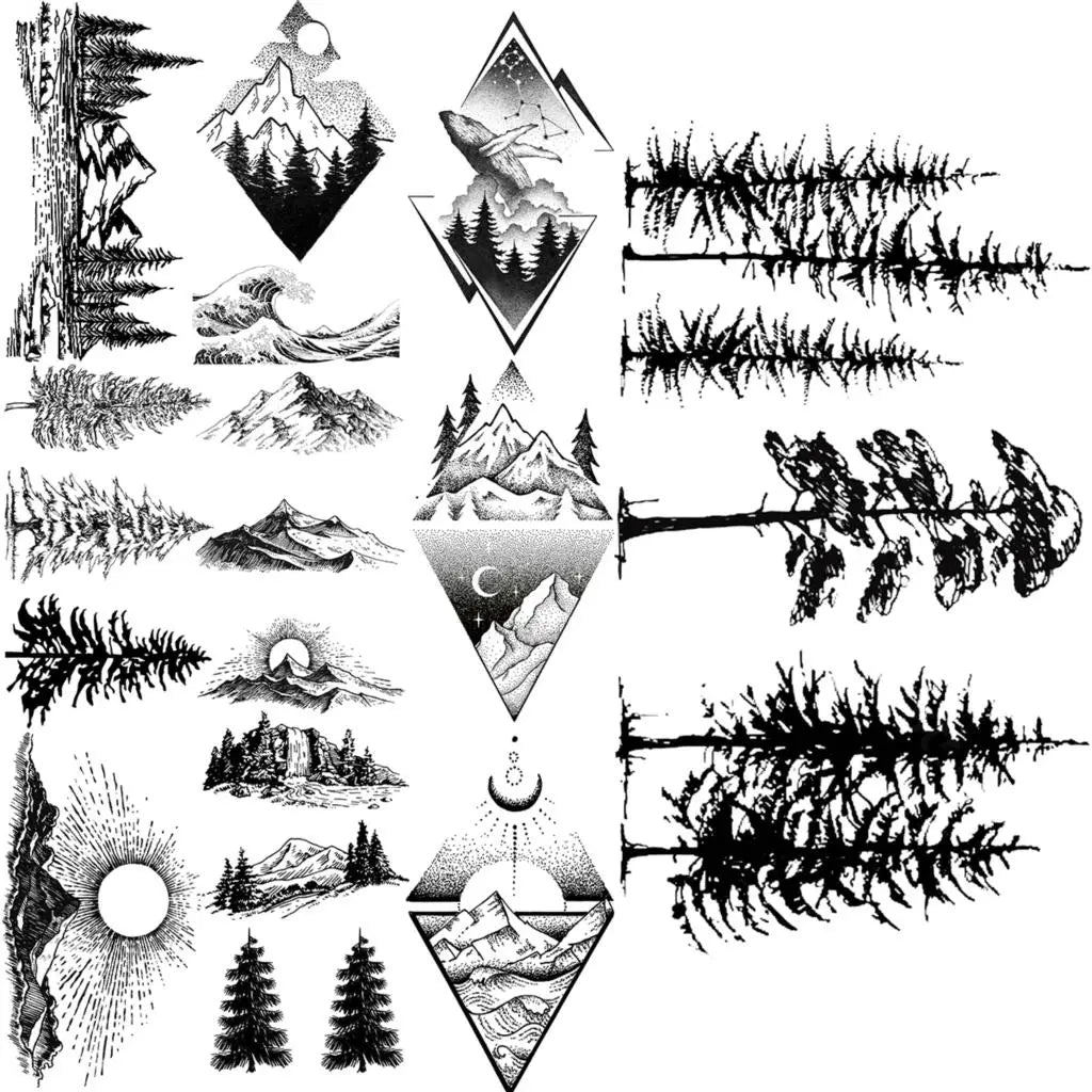 Small Forest Pine Tree Temporary Tattoos For Women Men Realistic Whale Mountain Sea Wave Fake Tattoo Sticker Arm Body Tatoos