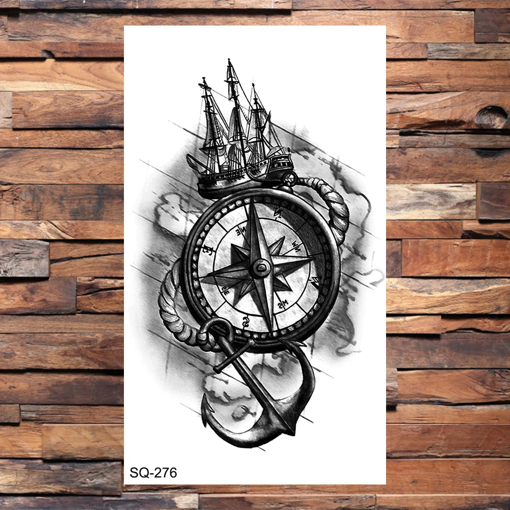 Black Compass Anchor Temporary Tattoos For Adults Men Realistic Pirate Ship Endless Flower Fake Tattoo Sticker Back Arm Tatoos