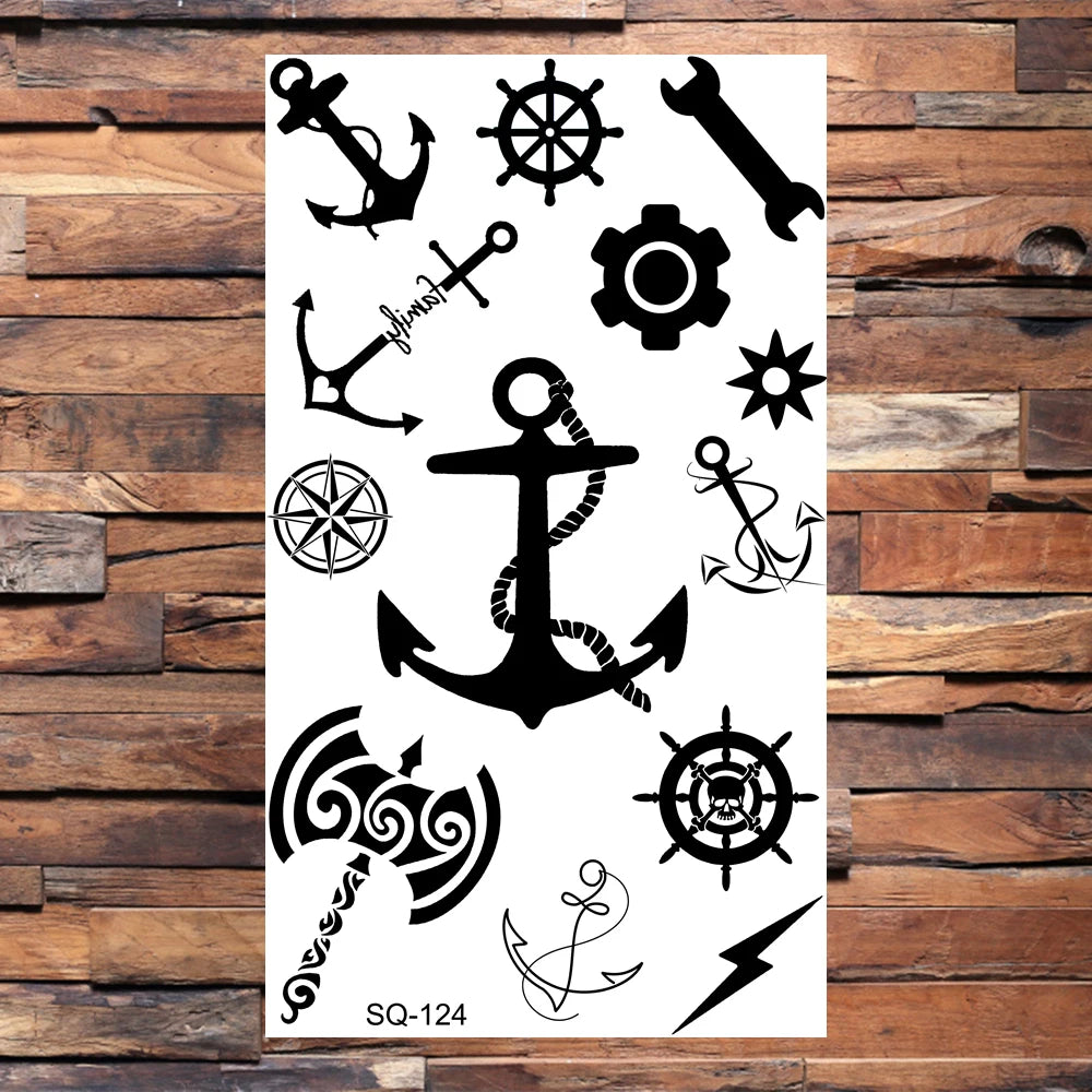 Black Compass Anchor Temporary Tattoos For Adults Men Realistic Pirate Ship Endless Flower Fake Tattoo Sticker Back Arm Tatoos