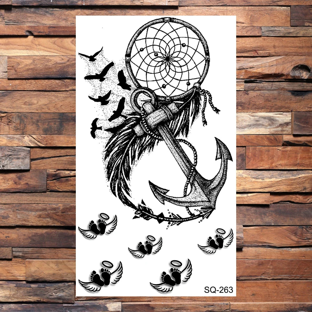 Black Compass Anchor Temporary Tattoos For Adults Men Realistic Pirate Ship Endless Flower Fake Tattoo Sticker Back Arm Tatoos