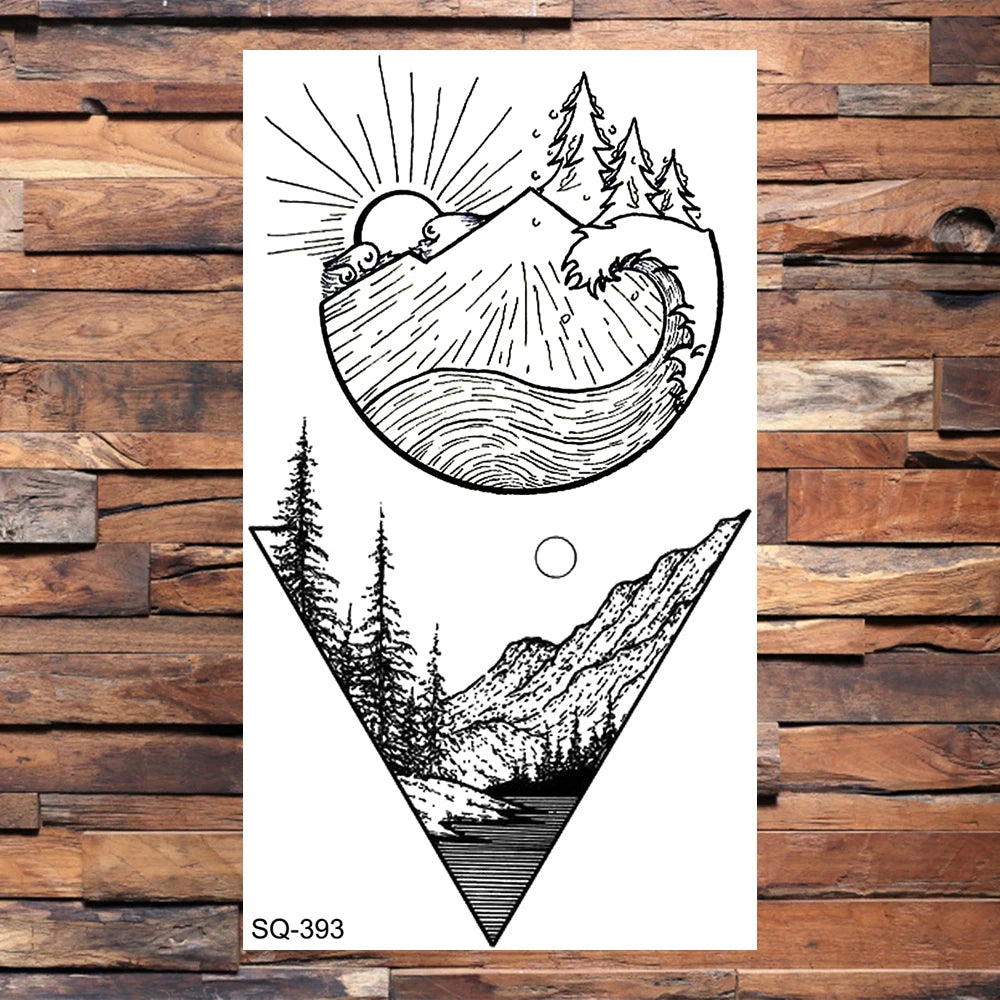 Small Forest Pine Tree Temporary Tattoos For Women Men Realistic Whale Mountain Sea Wave Fake Tattoo Sticker Arm Body Tatoos