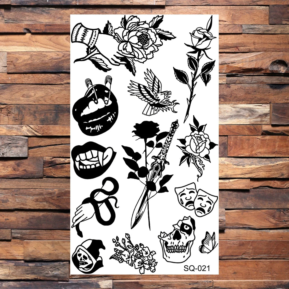 Black Compass Anchor Temporary Tattoos For Adults Men Realistic Pirate Ship Endless Flower Fake Tattoo Sticker Back Arm Tatoos