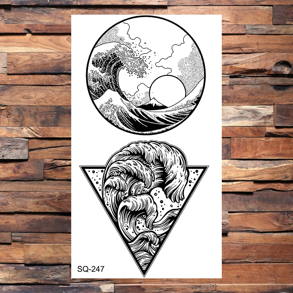 Small Forest Pine Tree Temporary Tattoos For Women Men Realistic Whale Mountain Sea Wave Fake Tattoo Sticker Arm Body Tatoos