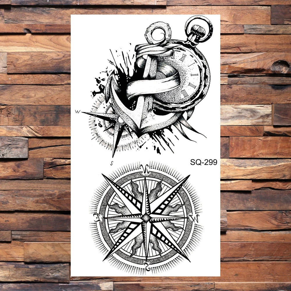 Black Compass Anchor Temporary Tattoos For Adults Men Realistic Pirate Ship Endless Flower Fake Tattoo Sticker Back Arm Tatoos