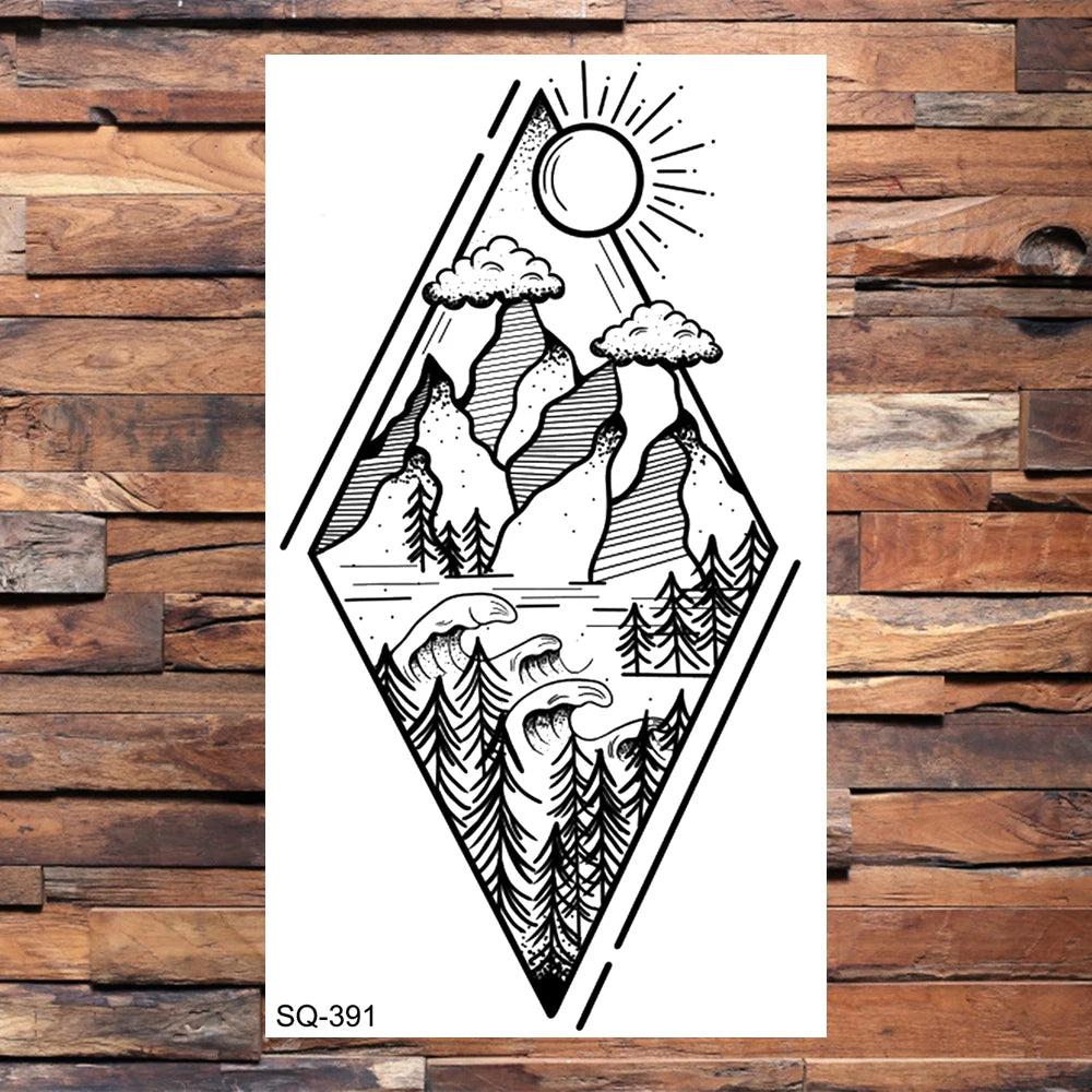Small Forest Pine Tree Temporary Tattoos For Women Men Realistic Whale Mountain Sea Wave Fake Tattoo Sticker Arm Body Tatoos