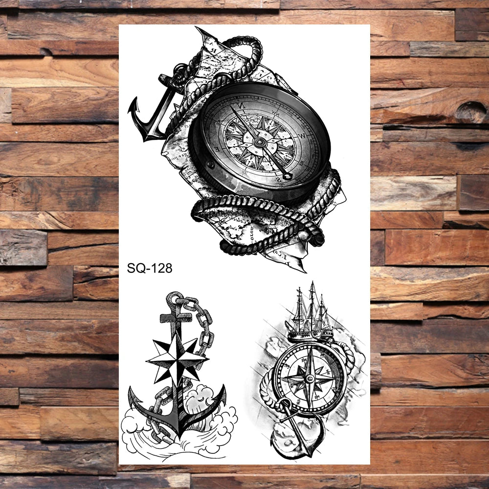 Black Compass Anchor Temporary Tattoos For Adults Men Realistic Pirate Ship Endless Flower Fake Tattoo Sticker Back Arm Tatoos