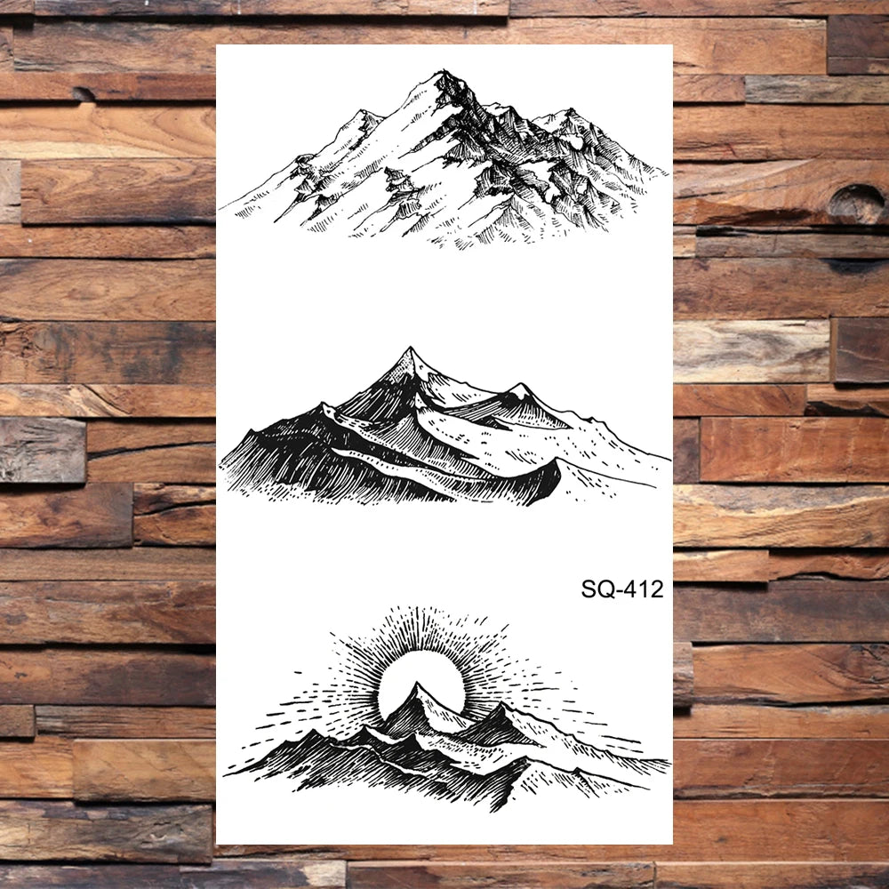 Small Forest Pine Tree Temporary Tattoos For Women Men Realistic Whale Mountain Sea Wave Fake Tattoo Sticker Arm Body Tatoos