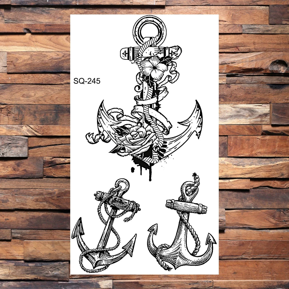Black Compass Anchor Temporary Tattoos For Adults Men Realistic Pirate Ship Endless Flower Fake Tattoo Sticker Back Arm Tatoos
