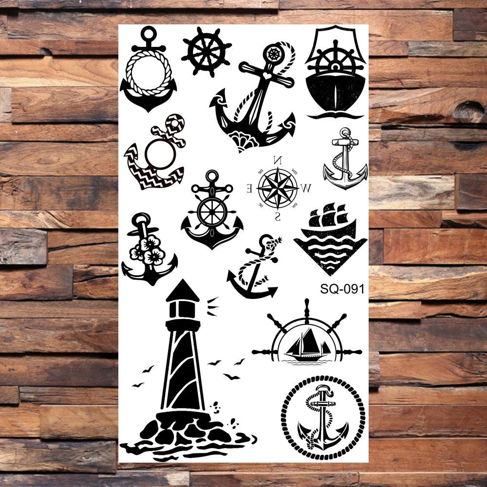 Black Compass Anchor Temporary Tattoos For Adults Men Realistic Pirate Ship Endless Flower Fake Tattoo Sticker Back Arm Tatoos