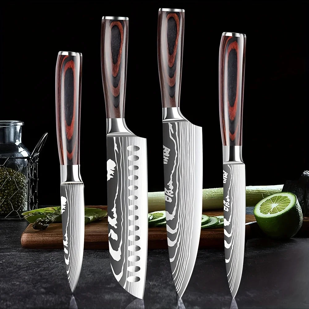 4 PCS Kitchen Knives Set Chef Knife Sets 4Cr13 Stainless Steel Damascus Pattern Pakkawood Handle Paring Utility Santoku knifes
