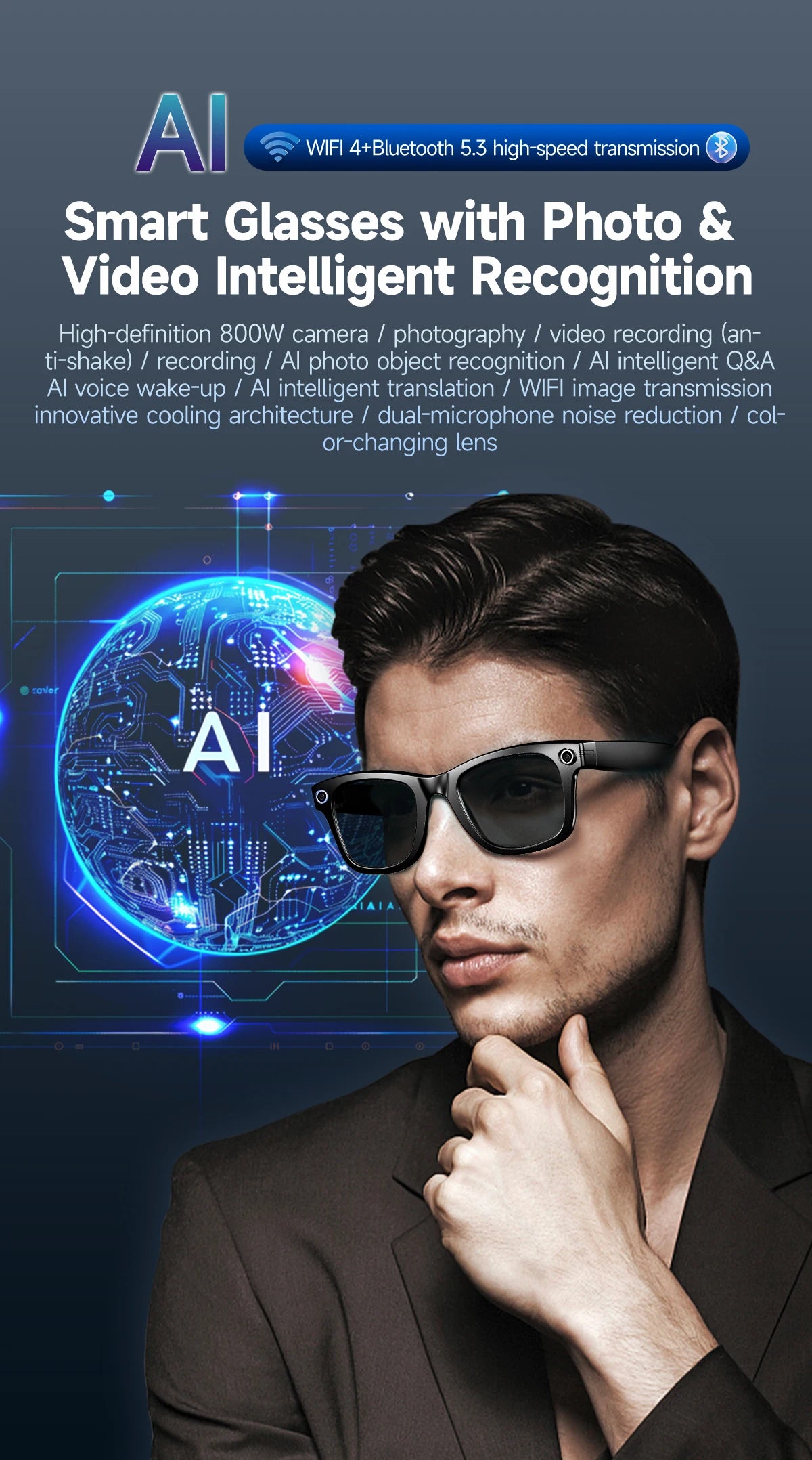 AI Smart Glasses with 8MP Camera Video Recording 100+ Languages Translation Sunglasses Bluetooth Call Music Play Men Women 2026
