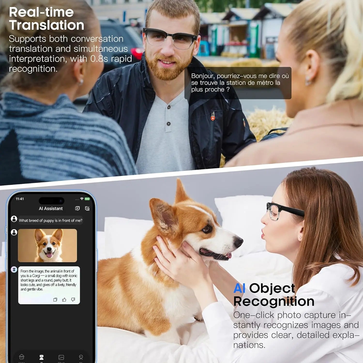 2026New AI Smart Glasses 120+Language Translation 800W Pixel Camera Video Music Player Call Business 8K Color Change Glasses Men