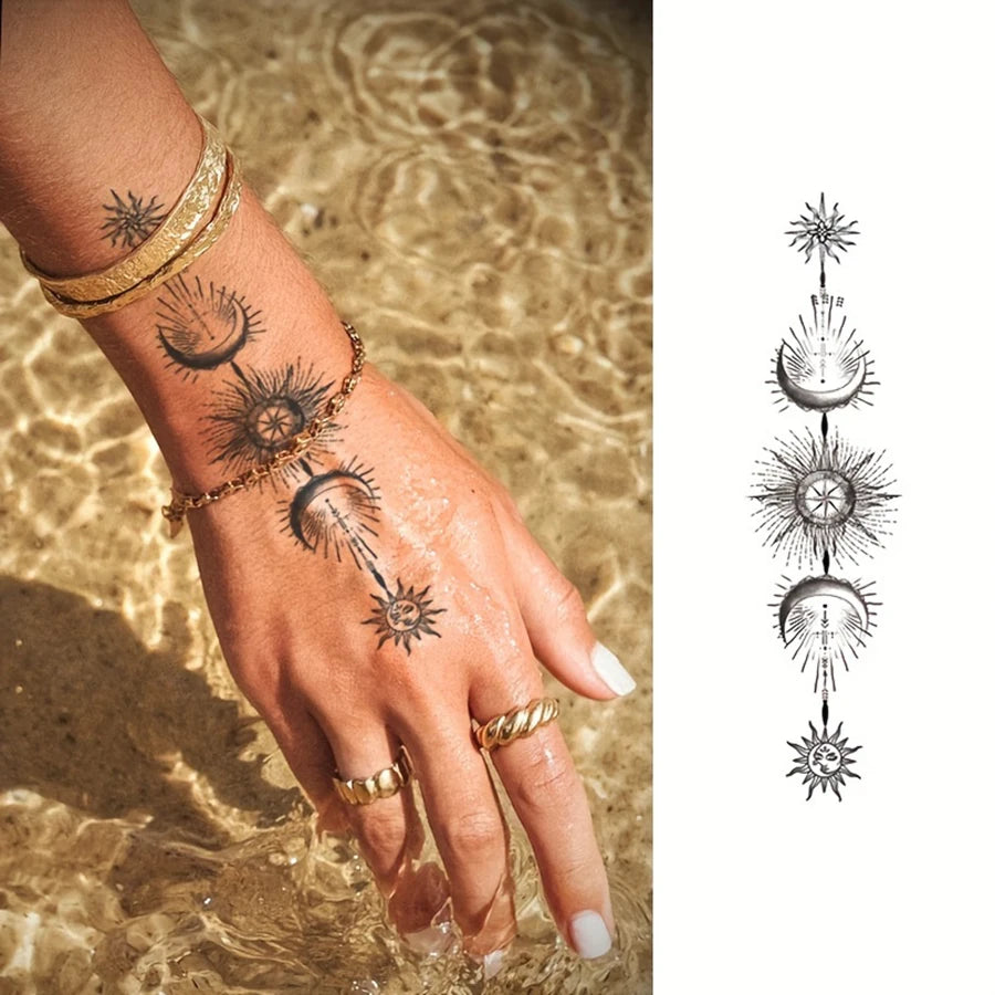 Henna Pattern Herbal Tattoo Stickers for Eid Fashion Accessories, Sun, Moon, Star, Baraka Crescent Pattern, Eid Al-Adha Women's Hand and Foot Long-Lasting Waterproof Tattoo Stickers