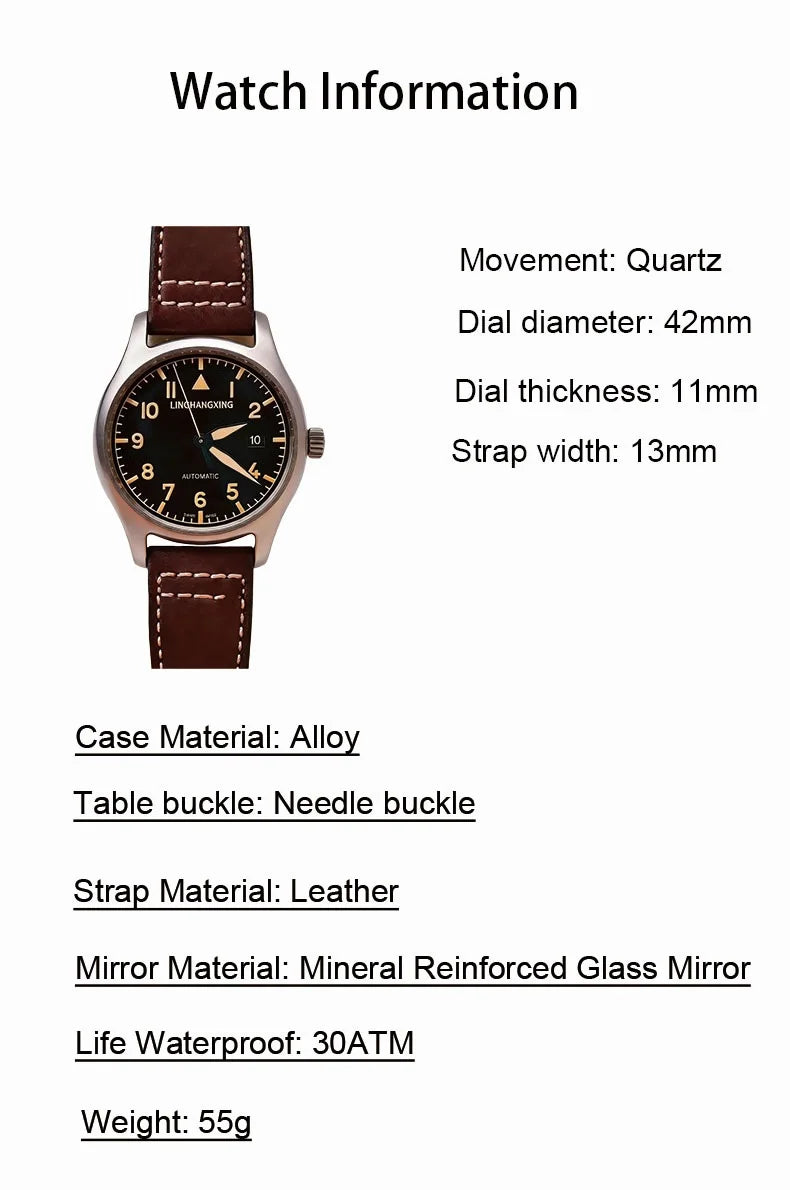 2026 New LINGHANGXING Men's Fashion Watch Movement Luminous Dial Genuine Leather Band Business Casual