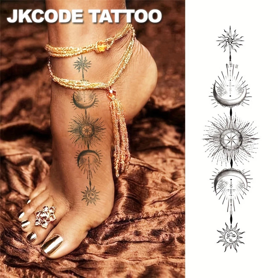 Henna Pattern Herbal Tattoo Stickers for Eid Fashion Accessories, Sun, Moon, Star, Baraka Crescent Pattern, Eid Al-Adha Women's Hand and Foot Long-Lasting Waterproof Tattoo Stickers