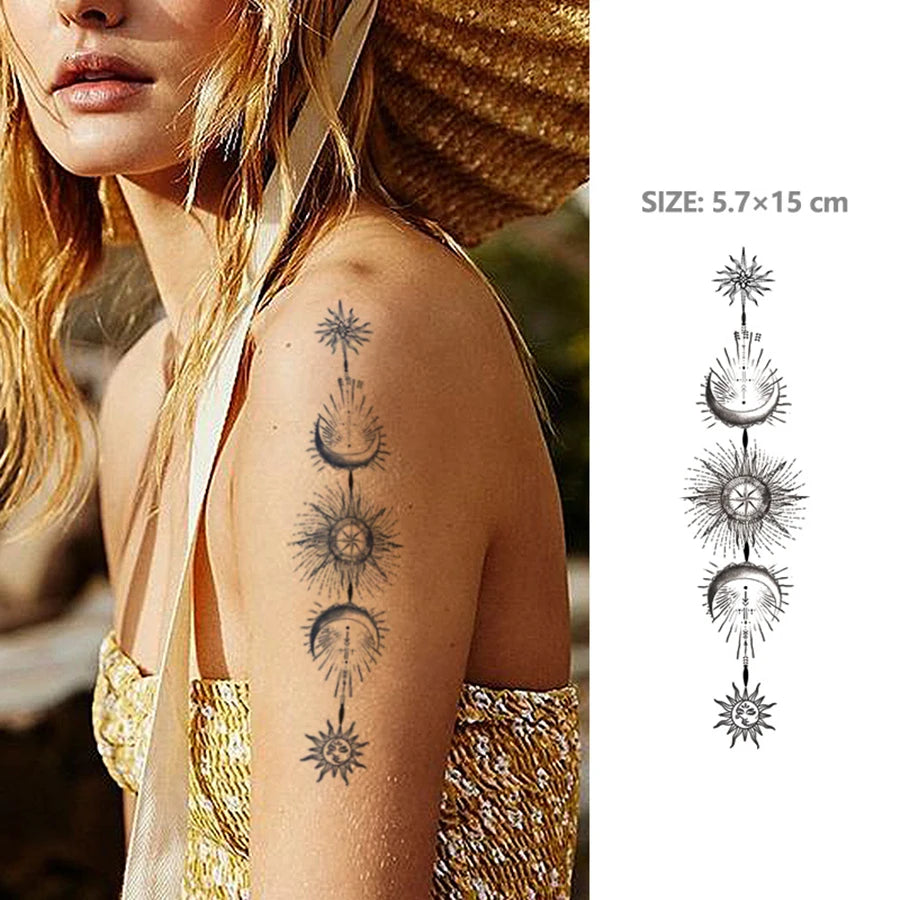 Henna Pattern Herbal Tattoo Stickers for Eid Fashion Accessories, Sun, Moon, Star, Baraka Crescent Pattern, Eid Al-Adha Women's Hand and Foot Long-Lasting Waterproof Tattoo Stickers