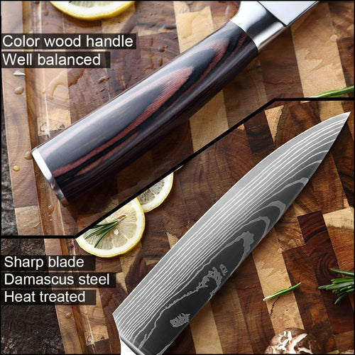 4 PCS Kitchen Knives Set Chef Knife Sets 4Cr13 Stainless Steel Damascus Pattern Pakkawood Handle Paring Utility Santoku knifes