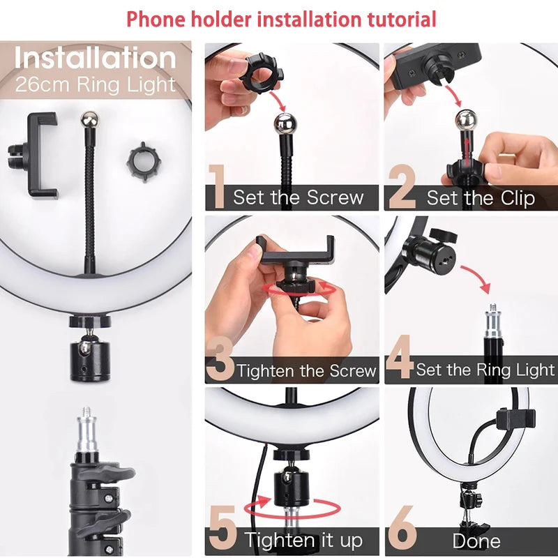 10 Inch LED Ring Light Photography Lighting Phone Ringlight With Tripod Stand Round Fill Lamp For Phone Live Video Selfie Lamp