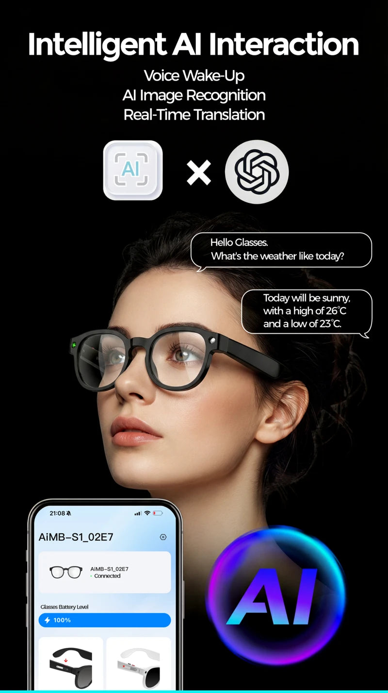 2026 New AI Smart Glasses AI Translation 8MP HD Camera 4K Shooting Image Conversation Recording Listening To Music Smart Glasses
