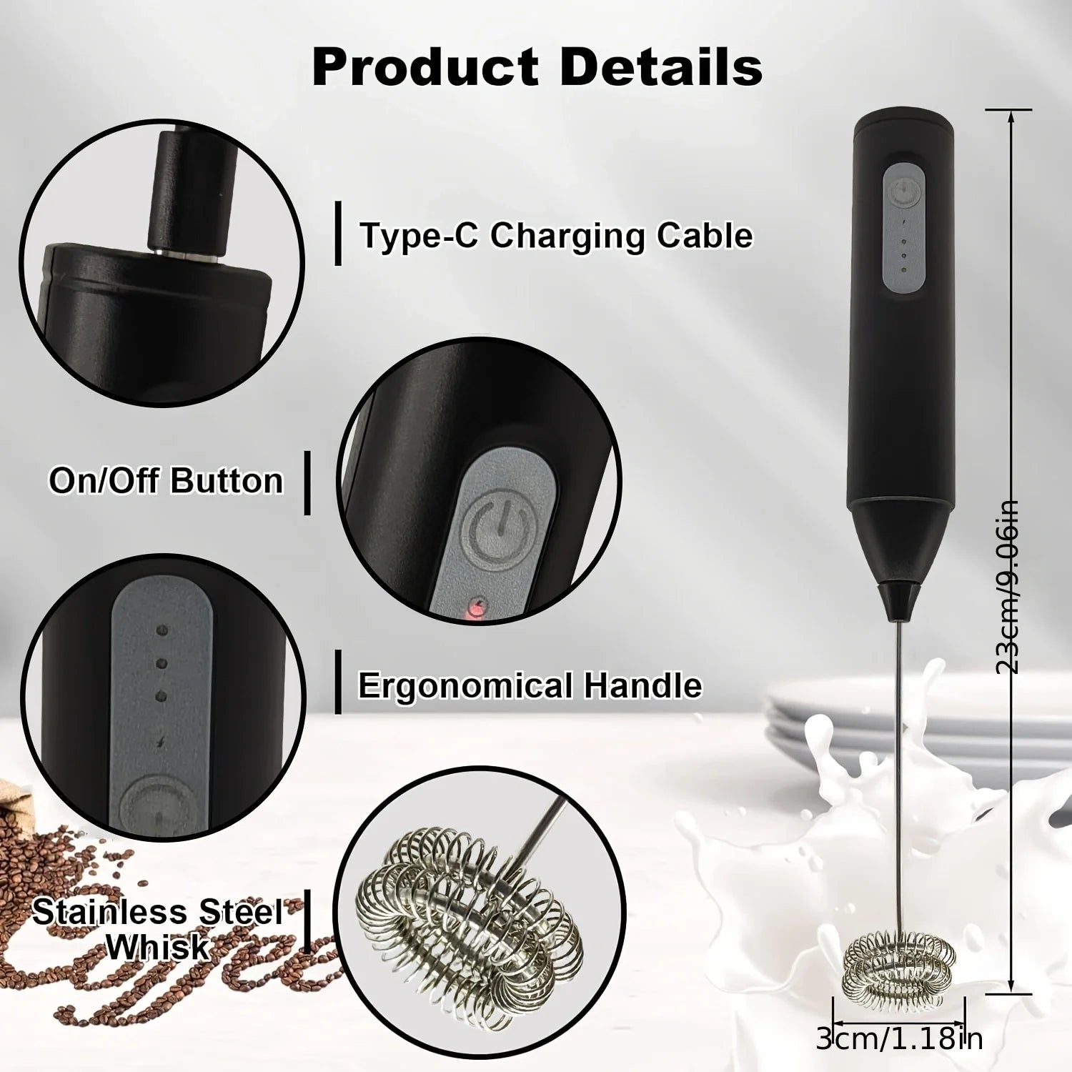 Wireless Milk Frother Electric Type-C Handheld Blender Stainless Steel Mini Coffee Maker Whisk Mixer For Coffee Cappuccino Cream
